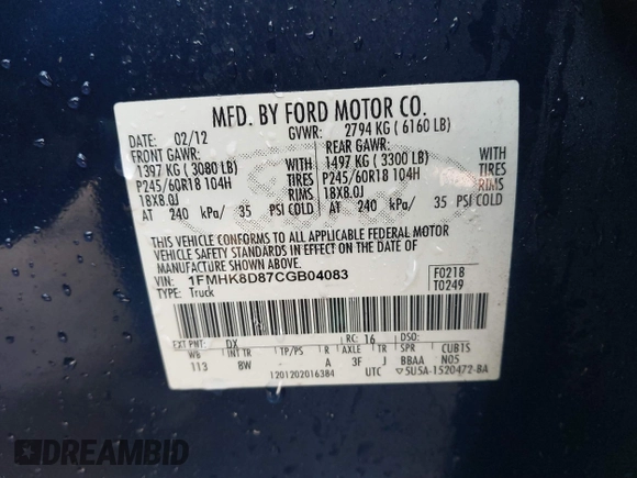2012 Ford Explorer XLT with VIN 1FMHK8D87CGB04083, listed as a IAAI auction lot 41854244 with 116,060 mi miles and . Bid and sale history available at DreamBid. Image 9.