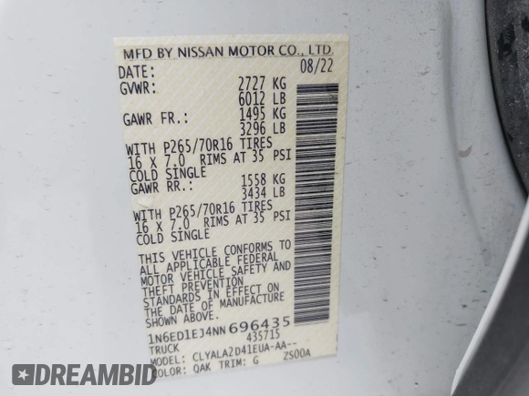 2022 Nissan Frontier SV with VIN 1N6ED1EJ4NN696435, listed as a IAAI auction lot 42184739 with 13,770 mi miles and . Bid and sale history available at DreamBid. Image 9.