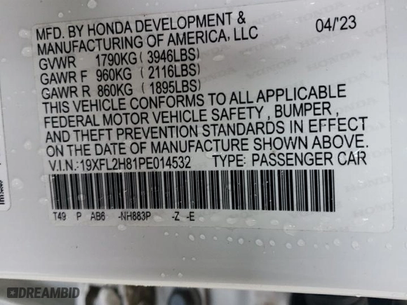 2023 Honda Civic Hatchback Sport with VIN 19XFL2H81PE014532, listed as a Copart auction lot 45851345 with 13,828 mi miles and Salvage Title. Bid and sale history available at carsss.com. Image 12.