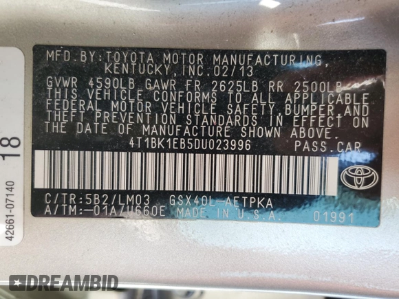 2013 Toyota Avalon XLE with VIN 4T1BK1EB5DU023996, listed as a Copart auction lot 49280845 with 148,017 mi miles and Salvage Title. Bid and sale history available at DreamBid. Image 15.