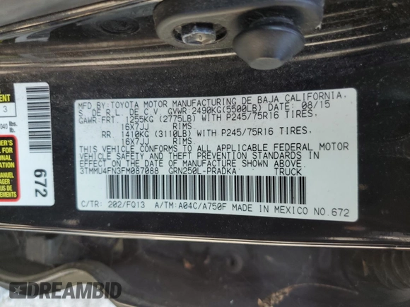 2015 Toyota Tacoma with VIN 3TMMU4FN3FM087088, listed as a Copart auction lot 63814334 with 161,947 mi miles and Salvage Title. Bid and sale history available at carsss.com. Image 12.