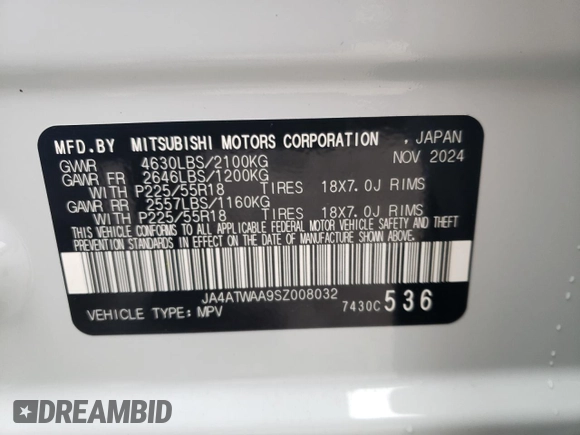 2025 Mitsubishi Eclipse Cross SE z VIN JA4ATWAA9SZ008032, wystawiony jako Copart lot #56336915 z przebiegiem 16 mil mil oraz Szkoda całkowita • Salvage title. Historia ofert i sprzedaży dostępna na DreamBid. Obrazek 13.
