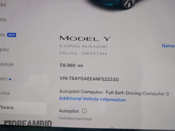 2022 Tesla Model Y Long Range with VIN 7SAYGAEE4NF522330, listed as a IAAI auction lot 42046691 with 59,980 mi miles and . Bid and sale history available at carsss.com. Image 7.