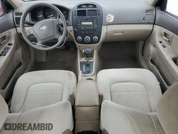 2008 Kia Spectra EX with VIN KNAFE121985532558, listed as a Copart auction lot 57984805 with 136,964 mi miles and Salvage title. Bid and sale history available at DreamBid. Image 8.