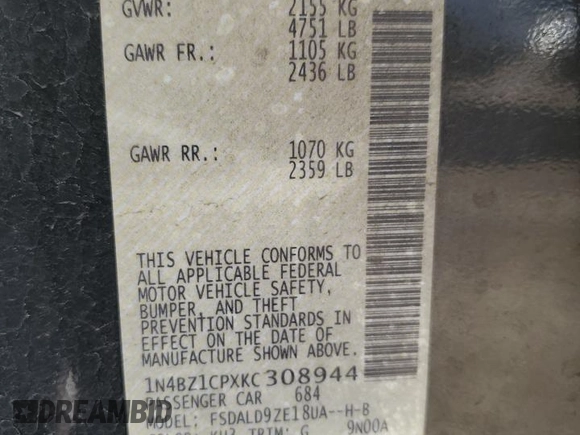 2019 Nissan LEAF SL Plus z VIN 1N4BZ1CPXKC308944, wystawiony jako Copart lot #83370044 z przebiegiem 64 151 mil mil oraz Szkoda całkowita • Salvage title. Historia ofert i sprzedaży dostępna na DreamBid. Obrazek 12.