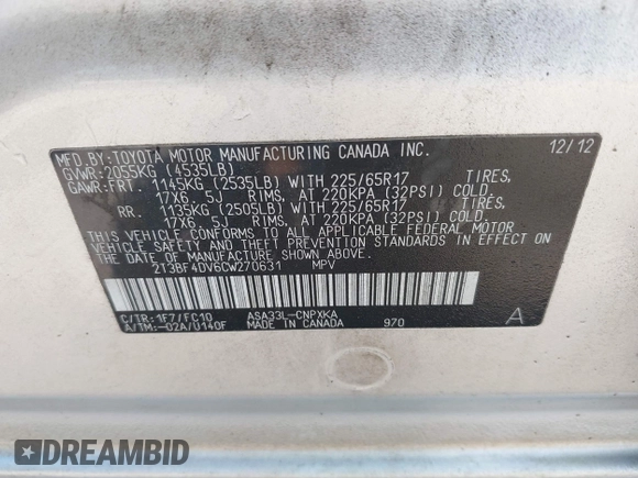 2012 Toyota RAV4 with VIN 2T3BF4DV6CW270631, listed as a IAAI auction lot 42676768 with 85,212 mi miles and . Bid and sale history available at DreamBid. Image 9.
