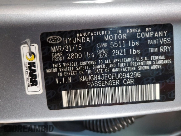 2015 Hyundai Genesis 3.8L with VIN KMHGN4JE0FU094296, listed as a Copart auction lot 51347655 with 89,840 mi miles and Salvage Title. Bid and sale history available at DreamBid. Image 12.