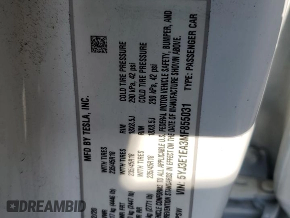 2021 Tesla Model 3 Standard Range Plus z VIN 5YJ3E1EA3MF855031, wystawiony jako Copart lot #51135295 z przebiegiem 41 488 mil mil oraz Szkody całkowita. Historia ofert i sprzedaży dostępna na DreamBid. Obrazek 12.