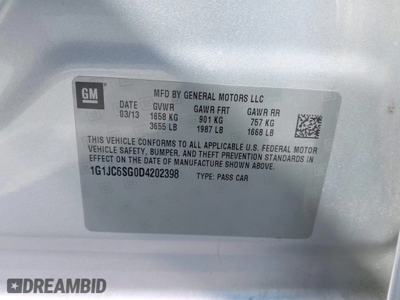 2013 Chevrolet Sonic LT with VIN 1G1JC6SG0D4202398, listed as a IAAI auction lot 42067950 with 141,114 mi miles. Bid and sale history available at carsss.com. Image 9.