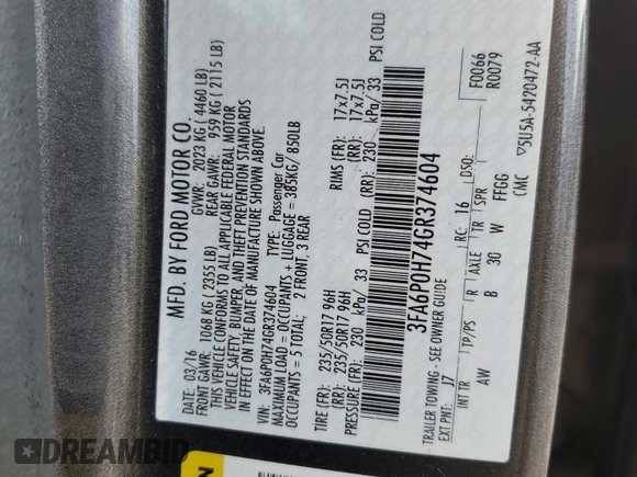2016 Ford Fusion SE with VIN 3FA6P0H74GR374604, listed as a Copart auction lot 56308835 with 71,821 mi miles and Salvage title. Bid and sale history available at DreamBid. Image 12.