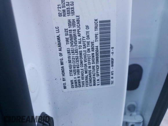 2021 Honda Ridgeline RTL-E with VIN 5FPYK3F78MB005044, listed as a Copart auction lot 63120882 with Not provided miles and . Bid and sale history available at DreamBid. Image 10.
