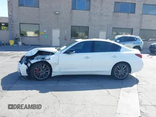 2021 Infiniti Q50 Red Sport 400 with VIN JN1FV7DR9MM880601, listed as a IAAI auction lot 42509477 with 28,202 mi miles and . Bid and sale history available at DreamBid. Image 15.