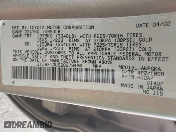 2002 Lexus RX 300 with VIN JTJHF10U020273496, listed as a IAAI auction lot 42016422 with 306,664 mi miles and . Bid and sale history available at DreamBid. Image 9.