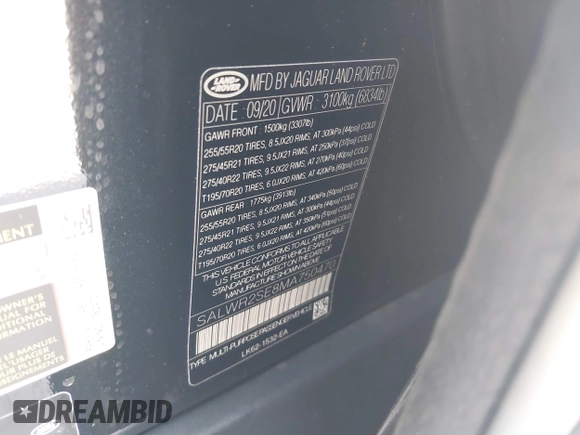 2021 Land Rover Range Rover Sport HSE Dynamic with VIN SALWR2SE8MA750470, listed as a IAAI auction lot 42050662 with 38,886 mi miles and . Bid and sale history available at DreamBid. Image 9.