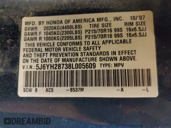 2008 Honda Element EX with VIN 5J6YH28738L005609, listed as a IAAI auction lot 42164451 with 201,019 mi miles and . Bid and sale history available at DreamBid. Image 9.