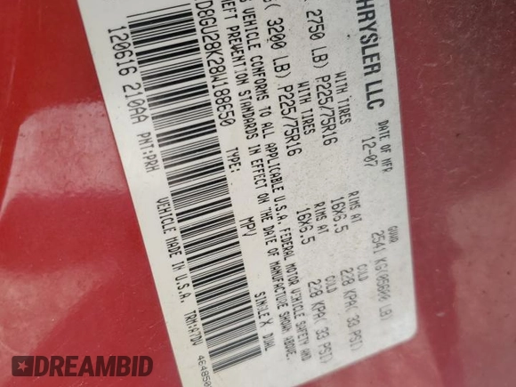 2008 Dodge Nitro SXT z VIN 1D8GU28K28W188650, wystawiony jako Copart lot #60814305 z przebiegiem 301 191 mil mil oraz Szkoda całkowita • Salvage title. Historia ofert i sprzedaży dostępna na DreamBid. Obrazek 13.