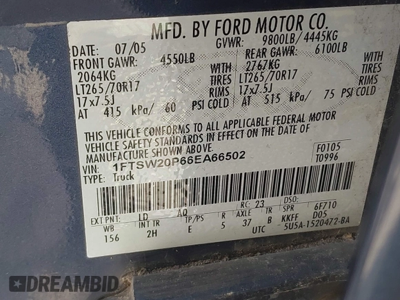 2006 Ford Super Duty F-250 XL with VIN 1FTSW20P66EA66502, listed as a IAAI auction lot 41796411 with 1 mi miles. Bid and sale history available at carsss.com. Image 9.