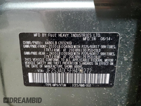 2015 Subaru Forester Premium with VIN JF2SJADC5FH498272, listed as a Copart auction lot 50456385 with 118,758 mi miles and Salvage Title. Bid and sale history available at DreamBid. Image 15.
