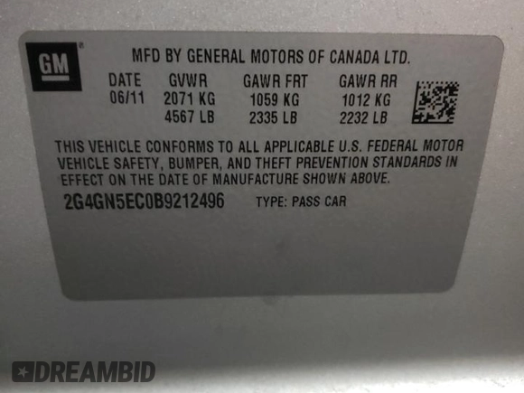 2011 Buick Regal CXL RL1 with VIN 2G4GN5EC0B9212496, listed as a Copart auction lot 89099435 with 61,905 mi miles and Salvage Title. Bid and sale history available at DreamBid. Image 12.