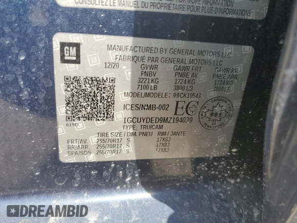 2021 Chevrolet Silverado 1500 LT z VIN 1GCUYDED9MZ194039, wystawiony jako Copart lot #53979225 z przebiegiem 69 276 mil mil oraz Szkoda całkowita • Salvage title. Historia ofert i sprzedaży dostępna na DreamBid. Obrazek 13.