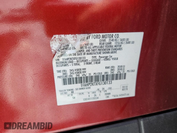 2015 Ford Taurus SHO with VIN 1FAHP2KTXFG130133, listed as a Copart auction lot 60019955 with 92,527 mi miles and Salvage title. Bid and sale history available at DreamBid. Image 13.