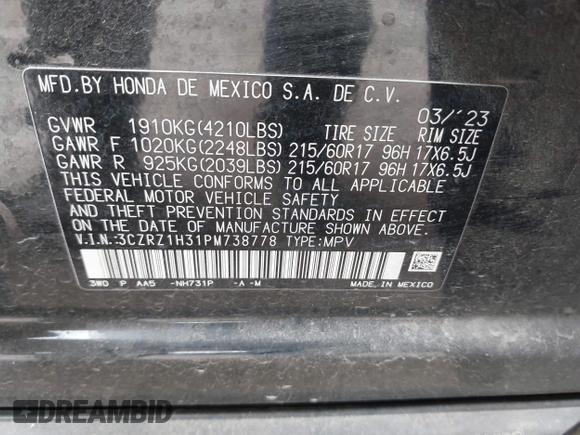 2023 Honda HR-V LX с VIN 3CZRZ1H31PM738778, выставлен на аукционе IAAI как лот 42353944 с пробегом 22 531 миль миль и . История ставок и продаж доступна на DreamBid. Изображение 9.
