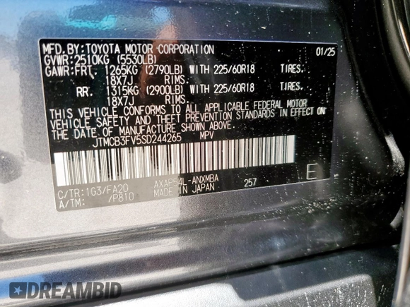 2025 Toyota RAV4 SE with VIN JTMCB3FV5SD244265, listed as a Copart auction lot 66194265 with 1,636 mi miles and Salvage title. Bid and sale history available at DreamBid. Image 14.