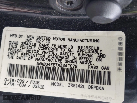 2010 Toyota Corolla with VIN 1NXBU4EE7AZ347078, listed as a IAAI auction lot 41933081 with 388,460 mi miles. Bid and sale history available at carsss.com. Image 9.