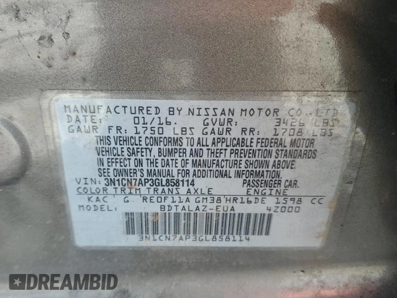 2016 Nissan Versa S Plus with VIN 3N1CN7AP3GL858114, listed as a Copart auction lot 58776255 with 92,180 mi miles and Salvage title. Bid and sale history available at DreamBid. Image 12.