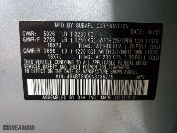 2022 Subaru Outback Limited XT with VIN 4S4BTGND0N3136215, listed as a Copart auction lot 43912705 with 78,125 mi miles and Salvage Title. Bid and sale history available at carsss.com. Image 13.