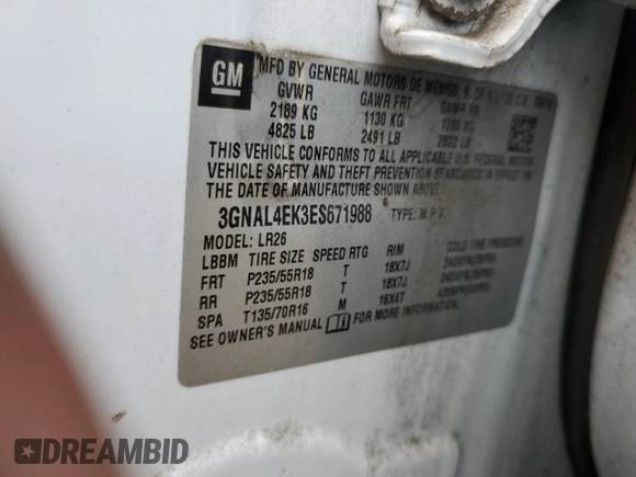 2014 Chevrolet Captiva Sport LTZ with VIN 3GNAL4EK3ES671988, listed as a Copart auction lot 68541804 with 198,019 mi miles and Salvage Title. Bid and sale history available at DreamBid. Image 13.