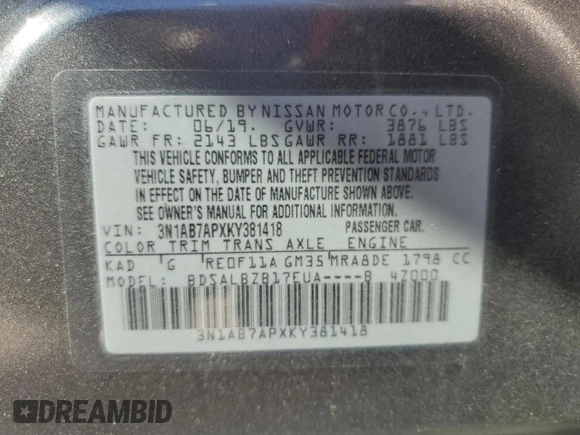 2019 Nissan Sentra S with VIN 3N1AB7APXKY381418, listed as a Copart auction lot 50058955 with 98,804 mi miles and Salvage Title. Bid and sale history available at DreamBid. Image 12.