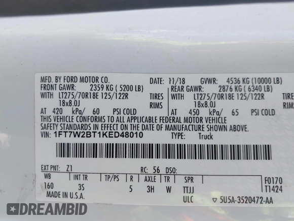 2019 Ford F-250 XL с VIN 1FT7W2BT1KED48010, выставлен на аукционе IAAI как лот 42369876 с пробегом 184 482 миль миль и . История ставок и продаж доступна на DreamBid. Изображение 9.