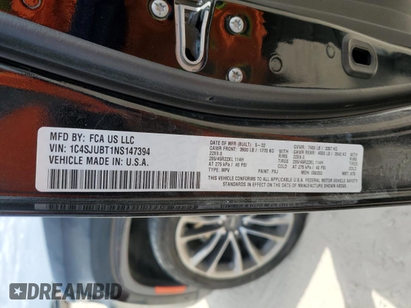 2022 Jeep Wagoneer Series II with VIN 1C4SJUBT1NS147394, listed as a Copart auction lot 53408105 with 39,214 mi miles and Salvage title. Bid and sale history available at DreamBid. Image 16.
