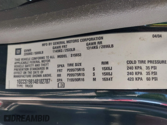 2004 Chevrolet Colorado Z85 z VIN 1GCCS198148182787, wystawiony jako IAAI lot #42483702 z przebiegiem 104 715 mil mil oraz . Historia ofert i sprzedaży dostępna na DreamBid. Obrazek 9.