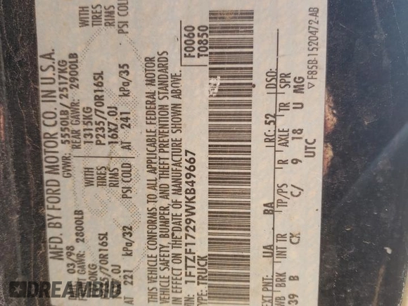 1998 Ford F-150 с VIN 1FTZF1729WKB49667, выставлен на аукционе Copart как лот 85818164 с пробегом 332 208 миль миль и Списание • Salvage title. История ставок и продаж доступна на DreamBid. Изображение 14.