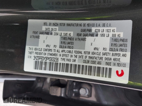 2023 Mazda 3 S Premium with VIN 3MZBPBDM3PM383238, listed as a IAAI auction lot 42477596 with 24,233 mi miles and . Bid and sale history available at DreamBid. Image 9.