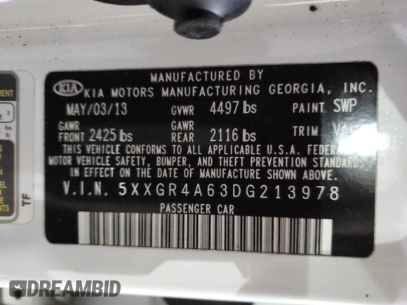 2013 Kia Optima SX with VIN 5XXGR4A63DG213978, listed as a Copart auction lot 88746435 with 154,060 mi miles and Salvage Title. Bid and sale history available at carsss.com. Image 12.