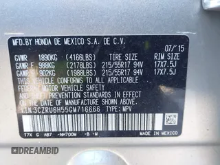 2016 Honda HR-V EX with VIN 3CZRU6H55GM716666, listed as a IAAI auction lot 41685798 with 65,266 mi miles. Bid and sale history available at carsss.com. Image 9.