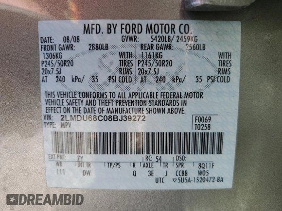 2008 Lincoln MKX with VIN 2LMDU68C08BJ39272, listed as a Copart auction lot 52376395 with 209,384 mi miles and Salvage Title. Bid and sale history available at DreamBid. Image 15.