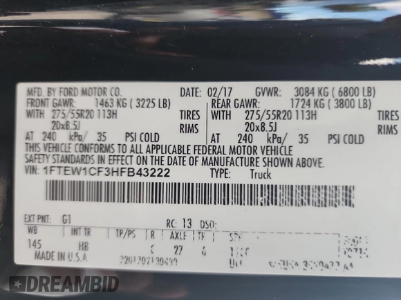 2017 Ford F-150 XL with VIN 1FTEW1CF3HFB43222, listed as a Copart auction lot 63914005 with 87,791 mi miles and Salvage title. Bid and sale history available at DreamBid. Image 10.
