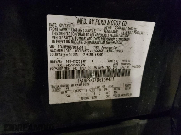 2013 Ford Taurus SHO с VIN 1FAHP2KT7DG159411, выставлен на аукционе Copart как лот 84286074 с пробегом 189 963 миль миль и Чистый • Clean title. История ставок и продаж доступна на DreamBid. Изображение 12.