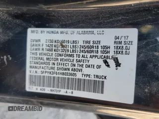 2017 Honda Ridgeline RTL-T with VIN 5FPYK3F61HB033605, listed as a Copart auction lot 58553135 with 178,580 mi miles and Clean title. Bid and sale history available at DreamBid. Image 12.