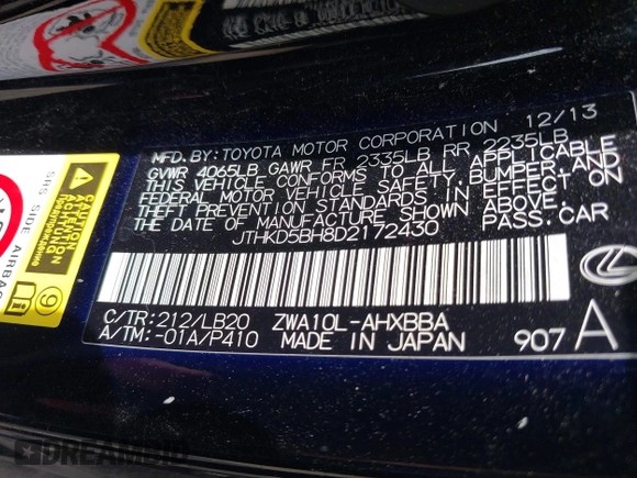 2013 Lexus CT 200h with VIN JTHKD5BH8D2172430, listed as a IAAI auction lot 42742669 with 146,539 mi miles and . Bid and sale history available at DreamBid. Image 9.