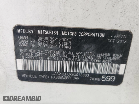 2014 Mitsubishi Lancer ES with VIN JA32U2FUXEU013663, listed as a Copart auction lot 54144165 with 68,527 mi miles and Salvage Title. Bid and sale history available at DreamBid. Image 12.