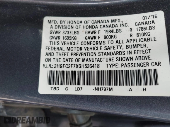 2016 Honda Civic Sedan EX with VIN 2HGFC2F7XGH526418, listed as a IAAI auction lot 41890264 with 124,620 mi miles. Bid and sale history available at carsss.com. Image 9.