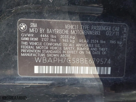 2011 BMW 3 Series 328i with VIN WBAPH7C58BE679574, listed as a IAAI auction lot 41786754 with 170,912 mi miles. Bid and sale history available at carsss.com. Image 9.