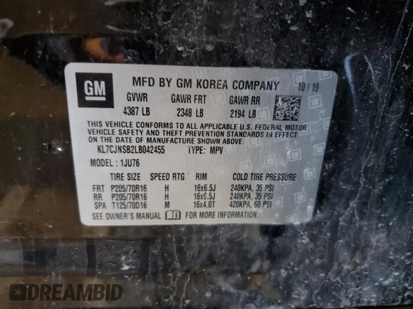2020 Chevrolet Trax LS z VIN KL7CJNSB2LB042455, wystawiony jako Copart lot #48518325 z przebiegiem 40 904 mil mil oraz Szkoda całkowita • Salvage title. Historia ofert i sprzedaży dostępna na DreamBid. Obrazek 15.
