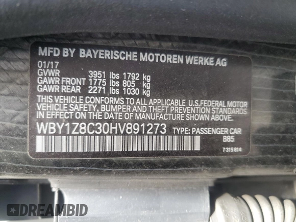 2017 BMW i3 with VIN WBY1Z8C30HV891273, listed as a Copart auction lot 58268495 with 136,735 mi miles and Salvage title. Bid and sale history available at DreamBid. Image 12.