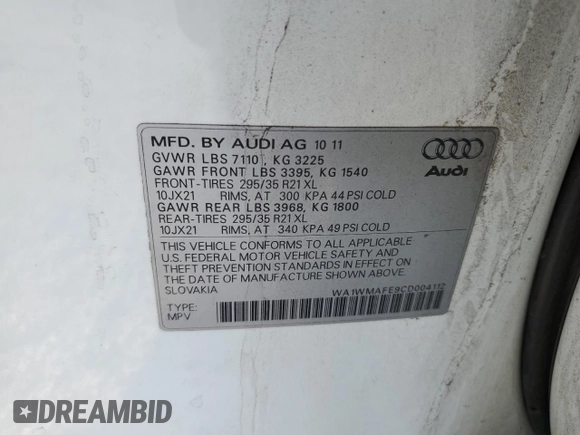 2012 Audi Q7 Prestige with VIN WA1WMAFE9CD004112, listed as a Copart auction lot 69120304 with 110,108 mi miles and Salvage title. Bid and sale history available at DreamBid. Image 14.